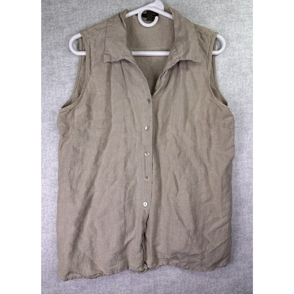 E-col-o-gie Top Women XL Beige Linen Collared Button Sleeveless Minimalist Boho